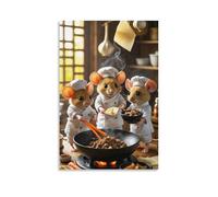 Lienzo decorativo para pared, 50.8 x 76.2 cm, tres ratones con sombreros de chef cocinando, con un wok de carne picada, zanahorias y otros ingredientes, pinturas decorativas para el hogar, dormitorio