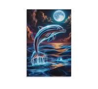 Lienzo decorativo para pared, 50.8 x 76.2 cm, un delfín brillante saltando sobre el océano bajo una luna llena, pinturas decorativas para el hogar, dormitorio (sin marco)