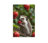 Lienzo decorativo para pared, 50.8 x 76.2 cm, un erizo comiendo una fresa entre hojas verdes, pinturas decorativas para el hogar, dormitorio (sin marco)