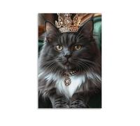 Lienzo decorativo para pared, 50.8 x 76.2 cm, un gato gris con pecho blanco, con una corona dorada y un collar de diamantes, mirando hacia el futuro, pinturas decorativas para el hogar, dormitorio