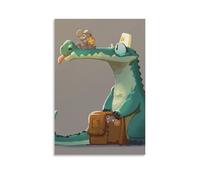 Lienzo decorativo para pared, 61 x 91 cm, un cocodrilo verde con un ratón en la cabeza sosteniendo queso y un ratón mirando fuera de una bolsa marrón, pinturas decorativas para el hogar, dormitorio