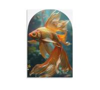 Lienzo decorativo para pared, 61 x 91 cm, un pez dorado con aletas naranjas y blancas que fluyen nadando en el agua, pinturas decorativas para el hogar, dormitorio (sin marco)