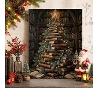 Lienzo decorativo para pared con árbol de Navidad, 40,6 x 50,8 cm | Fondo de biblioteca, imágenes de pared, novelas apiladas, ramas de pino, decoración literaria del hogar