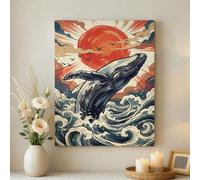 Lienzo decorativo para pared con diseño de atardecer de ballena, azul con escena del océano naranja, arte abstracto para pared, decoración estética del hogar para sala de estar, dormitorio, baño