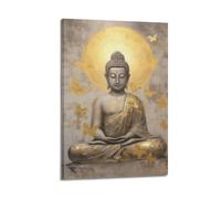 Lienzo decorativo para pared con diseño de Buda de mariposa zen, estatua de mariposa dorada, impresiones de espíritu de meditación, decoración de dormitorio, 50 x 75 cm
