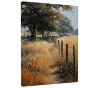 Lienzo decorativo para pared con diseño de camino otoñal, pintura de paisaje marrón dorado, decoración natural para sala de estar, dormitorio, granja, hogar rústico, árbol y valla, 8 x 12 pulgadas