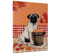 Lienzo decorativo para pared con diseño de carlino y hojas de otoño, color naranja y rojo, bonito arte de animales para sala de estar, dormitorio, estética de Acción de Gracias, lienzo envuelto de 12