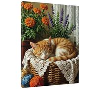 Lienzo decorativo para pared con diseño de gato acogedor, estampado floral naranja y verde, decoración estética de primavera para sala de estar, dormitorio, cocina, lienzo envuelto de 16 x 20 pulgadas