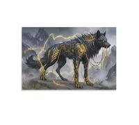 Lienzo decorativo para pared con diseño de lobo de montaña mágica, textura dorada de fantasía, pintura de animales sobre lienzo, impresión de póster para decoración del hogar, sala de estar