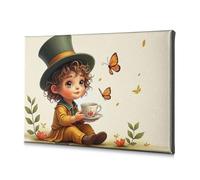 Lienzo decorativo para pared con diseño de niño en un sombrero de copa sostiene una taza con mariposas volando alrededor. Lienzo decorativo para pared para sala de estar, baño, decoración de pared (40