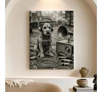 Lienzo decorativo para pared con diseño de perro de música vintage, estampado de animales retro en blanco y negro, arte de pared original para decoración estética del hogar para sala de estar