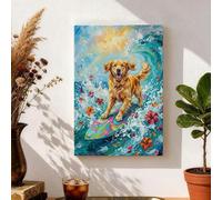 Lienzo decorativo para pared con diseño de perro surfista de verano, estampado de playa azul y amarillo, dorado Retriever, decoración costera vibrante para sala de estar, dormitorio, oficina, lienzo
