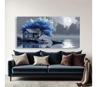 Lienzo decorativo para pared con estampado de cabaña junto al lago por la noche Pintura abstracta moderna Cuadro enmarcado para sala de estar o dormitorio (75 x 145 cm)
