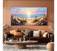Lienzo decorativo para pared con imagen de un paisaje floral, atardecer en la playa, ideal para el verano en la sala de estar (55x110cm/Sin marco).