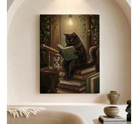 Lienzo decorativo para pared con libros de lectura de gatos, decoración estética para el hogar, acogedora decoración otoñal para sala de estar y dormitorio, lienzo envuelto de 12 x 16 pulgadas