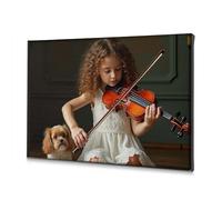 Lienzo decorativo para pared con texto en inglés "Una niña joven toca el violín con su perro a su lado". Lienzo decorativo para decoración de granja (40 x 60 cm)