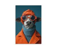 Lienzo decorativo para pared de 12 x 18 pulgadas, una vaca con un abrigo naranja, cuello alto azul y gafas naranjas, pinturas decorativas para el hogar, dormitorio (sin marco)