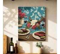 Lienzo decorativo para pared de cocina, diseño de calavera, rosas bohemias rústicas, copas de vino, ninguno azul, pósteres para colgar en la pared, impresiones artísticas para comedor, baño