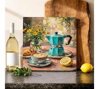 Lienzo decorativo para pared de cocina, estilo rústico, acogedor, tetera, cruasán, primavera, turquesa, pintura para colgar en la pared, comedor, desayuno, rincón, restaurante, decoración de 12 x 12