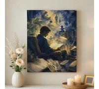 Lienzo decorativo para pared de ensueño nocturno, impresión de escena de lectura azul y amarillo, decoración estética abstracta para el hogar, sala de estar, dormitorio, oficina, lienzo envuelto de 16