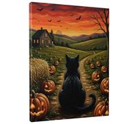 Lienzo decorativo para pared de gato de Halloween, estampado de calabazas naranjas y negras, decoración estética del hogar espeluznante para sala de estar, dormitorio, pasillo, lienzo envuelto de 8 x