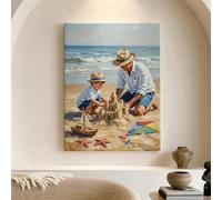 Lienzo decorativo para pared de playa de verano, pintura de castillo de arena azul beige, arte de pared costero, decoración estética del hogar para sala de estar, dormitorio, casa de vacaciones