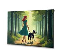 Lienzo decorativo para pared del hogar, una mujer con un vestido verde y camina a su perro por un bosque. Cuadro decorativo en lienzo para baño, decoración Shabby Chic (40 x 60 cm)