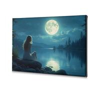 Lienzo decorativo para pared, diseño costero de una mujer en blanco se sienta junto a un lago bajo una luna llena. Lienzo decorativo para decoración de baño (40 x 60 cm)