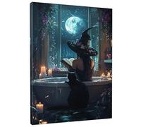 Lienzo decorativo para pared, diseño de bruja iluminada por la luna, color negro y azul, con diseño de luna mística, decoración estética del hogar para sala de estar, dormitorio, baño, oficina, sin