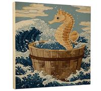 Lienzo decorativo para pared, diseño de caballitos de mar con olas del océano, impresiones de criaturas marinas náuticas azules y beige, decoración costera abstracta para sala de estar, dormitorio