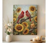 Lienzo decorativo para pared, diseño de cardenal rojo y girasol, pintura floral amarilla vibrante, decoración abstracta de la naturaleza para sala de estar, dormitorio, cocina, lienzo envuelto de 16 x