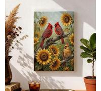 Lienzo decorativo para pared, diseño de cardenal rojo y girasol, pintura floral amarilla vibrante, decoración abstracta de la naturaleza para sala de estar, dormitorio, cocina, lienzo envuelto de 8 x