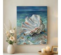 Lienzo decorativo para pared, diseño de conchas marinas azules y blancas, decoración de pared costera para sala de estar, dormitorio, baño, lienzo envuelto de 16 x 20 pulgadas