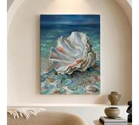 Lienzo decorativo para pared, diseño de conchas marinas azules y blancas, decoración de pared costera para sala de estar, dormitorio, baño, lienzo envuelto de 12 x 16 pulgadas