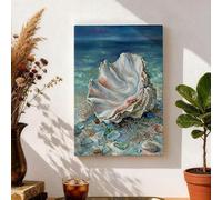 Lienzo decorativo para pared, diseño de conchas marinas azules y blancas, decoración de pared costera para sala de estar, dormitorio, baño, lienzo envuelto de 8 x 12 pulgadas