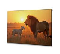 Lienzo decorativo para pared, diseño de encuentro con atardecer, león y cordero en armonía, decoración de pared de Pascua (30 x 40 cm)