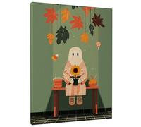 Lienzo decorativo para pared, diseño de fantasma otoñal con girasol, hojas verdes y naranjas, bonita impresión estética de Halloween para sala de estar, dormitorio, oficina, hogar acogedor, 40,6 x