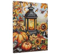 Lienzo decorativo para pared, diseño de farol de cosecha de otoño y calabaza, estampado floral de otoño amarillo y naranja, arte de pared de Acción de Gracias, decoración estética rústica para sala de