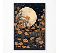 Lienzo decorativo para pared, diseño de flores de luna vintage, póster místico retro de luna celestial, impresión rústica de campo de flores silvestres amarillas, luz de luna etérea con decoración