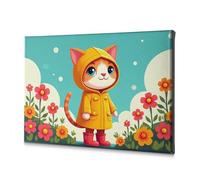 Lienzo decorativo para pared, diseño de gato en un impermeable amarillo que se encuentra entre flores coloridas. Lienzo decorativo para decoración de sala de estar, bautismo (40 x 60 cm)