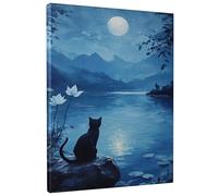Lienzo decorativo para pared, diseño de gato iluminado por la luna, cielo nocturno azul y flores de lirio de agua, arte escénico de pared para decoración estética del hogar para sala de estar