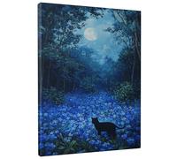 Lienzo decorativo para pared, diseño de gato iluminado por la luna, impresiones de bosque nocturno azul, decoración de pared mística para sala de estar, dormitorio, pasillo, sin marco, 40,6 x 50,8 cm