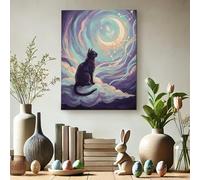 Lienzo decorativo para pared, diseño de gato místico, pintura celestial azul violeta, decoración estética abstracta para el hogar, sala de estar, dormitorio, oficina, lienzo envuelto de 12 x 16