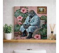 Lienzo decorativo para pared, diseño de gorilas en albornoz, hojas tropicales verde melocotón, divertida decoración de pared de animales para sala de estar, dormitorio, baño, estética del hogar, 12 x