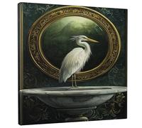 Lienzo decorativo para pared, diseño de grulla de primavera, impresión de póster de vida silvestre verde y dorado, arte de pared de pájaros vintage, decoración estética del hogar para sala de estar