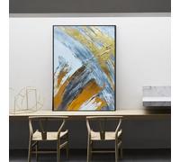 Lienzo decorativo para pared, diseño de hojas doradas, abstracto moderno, azul y gris, 40x56cm(16x22in) marco negro.