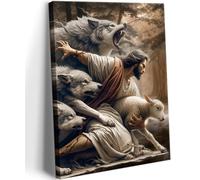 Lienzo decorativo para pared, diseño de Jesús y Cordero, diseño de Jesús salva al cordero perdido, para decoración de pared, diseño de Jesús protege a un cordero de lobos, obra de arte cristiana para