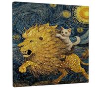 Lienzo decorativo para pared, diseño de león y gato, estampado abstracto de animales en color azul dorado, decoración divertida del hogar para sala de estar, dormitorio, oficina, obras de arte