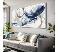 Lienzo decorativo para pared, diseño de líneas abstractas en azul y dorado, ideal para dormitorio, oficina (35 x 60 cm/14 x 24 pulgadas)