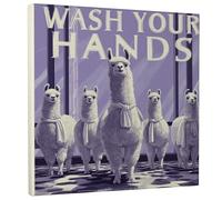 Lienzo decorativo para pared, diseño de llama, lávate las manos, estampado de animales blanco violeta, decoración humorística para baño, cocina, decoración estética del hogar, 12 x 12 pulgadas